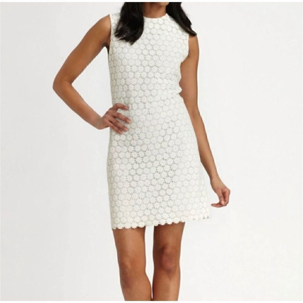 Raoul Optic White Crochet Flower Lace Shift Leather Back Dress Women’s Size 2 -S